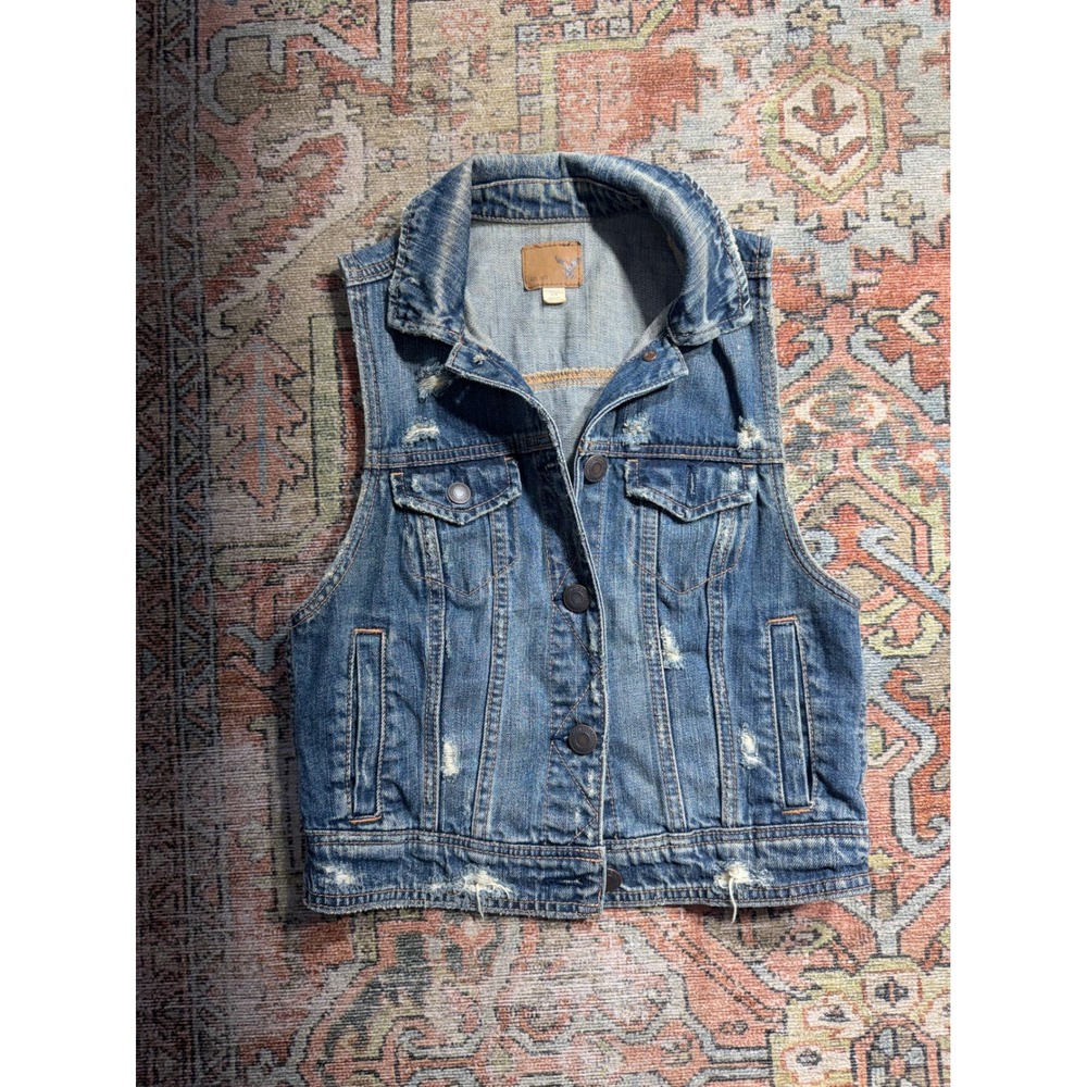 American Eagle Distressed Denim Vest Womens Small Blue Medium Wash Jean Jacket